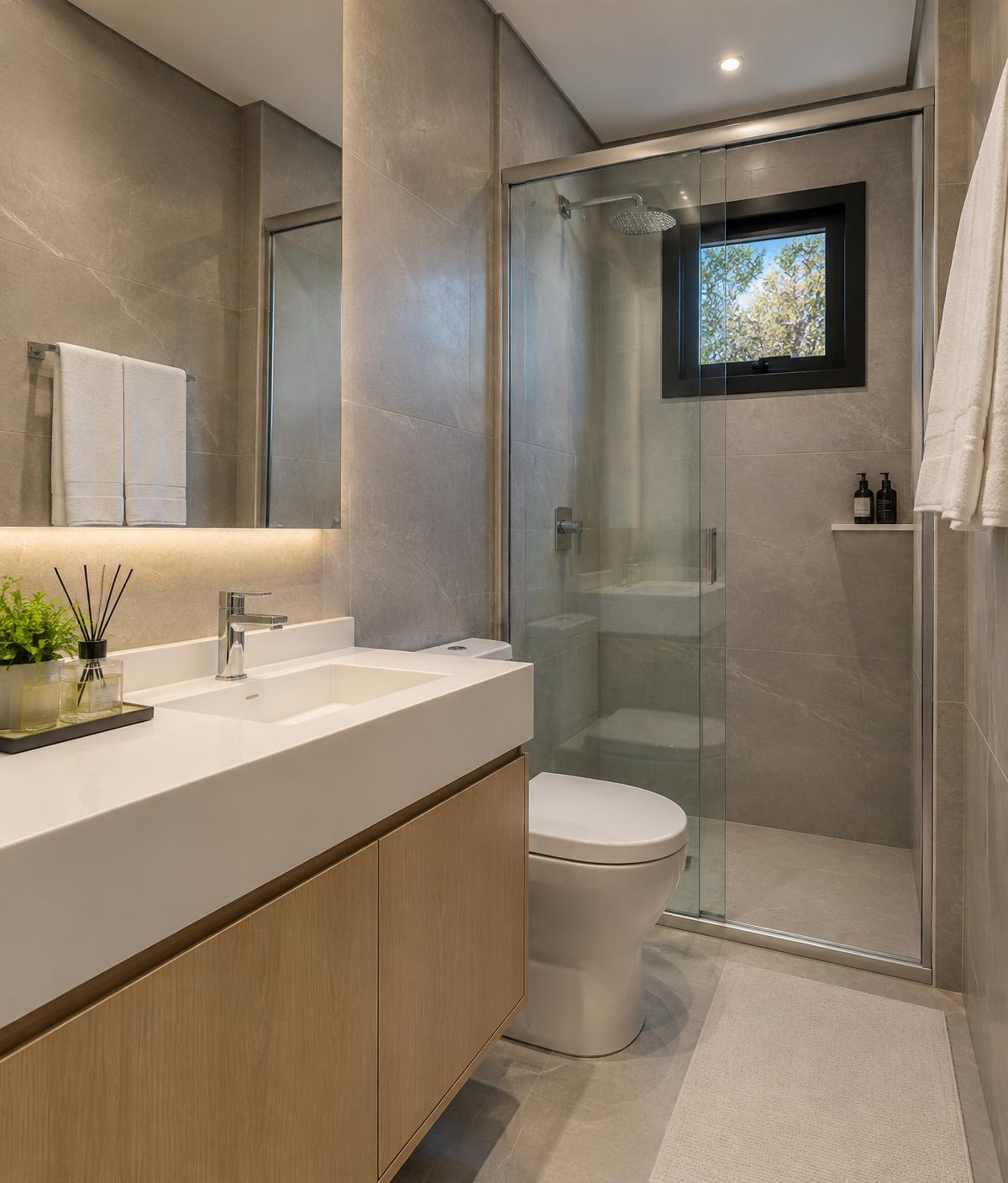 Banheiro completo do apartamento com box de vidro